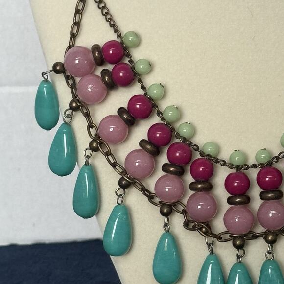 Vintage Egyptian Glass Beaded Collared Necklace M &S Turquoise And Pinks Summer - Picture 2 of 5